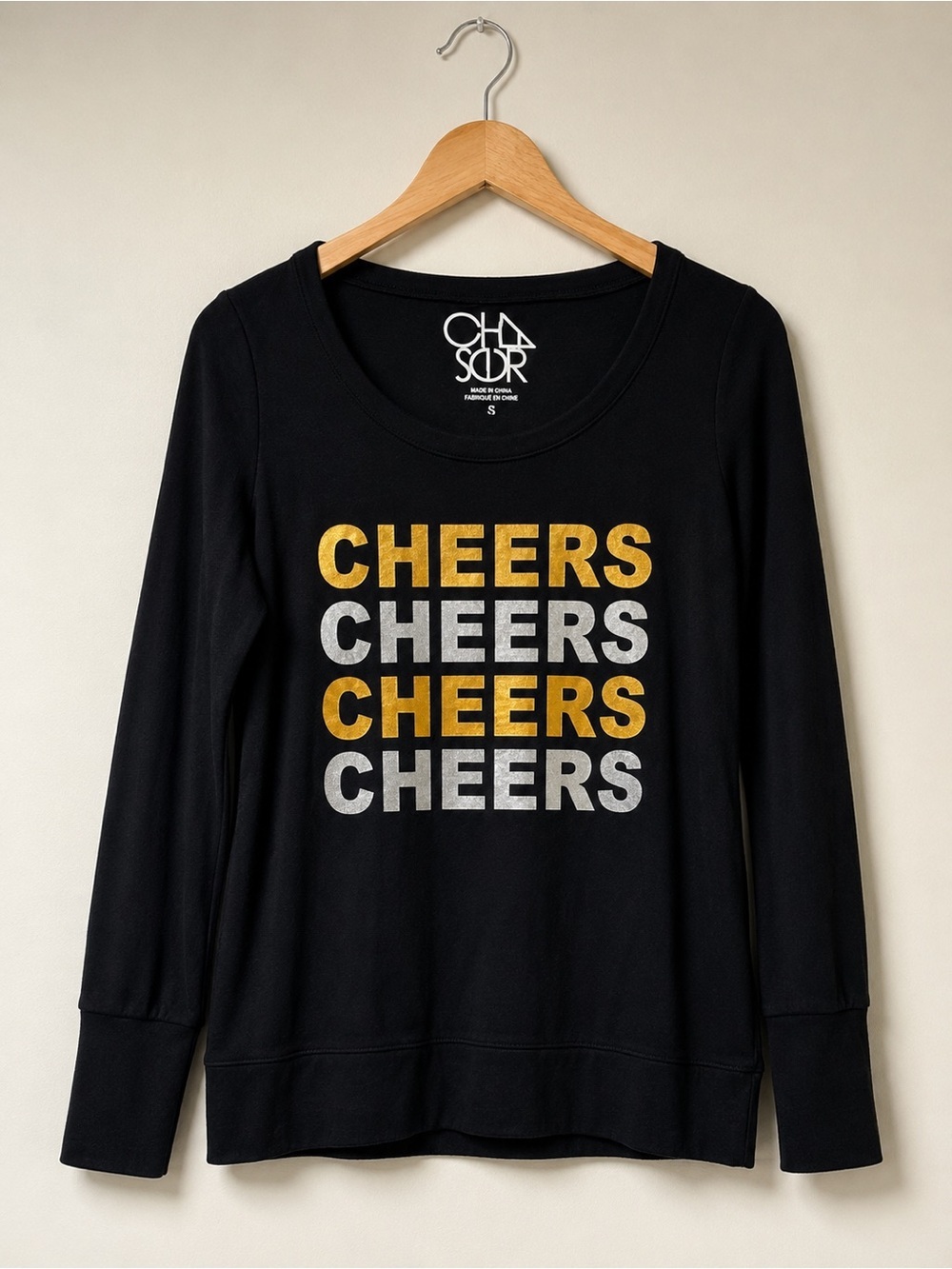 Chaser Cheers Graphic Pullover Sweatshirt Black Small NWT